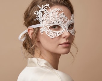 White Lace Masquerade Mask, Elegant Venetian Bridal Costume Accessory