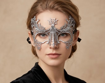 Silver Lace Bat Eye Mask: Gothic Spider Web Venetian Costume Prop