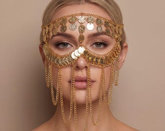 Gold Coin Face Jewelry Headpiece Layered Chain Mask, Boho Festival Accessory