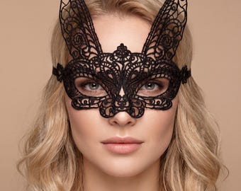 Lace Bunny Mask, Venetian Masquerade Costume Accessory, Gothic Party Eye Mask