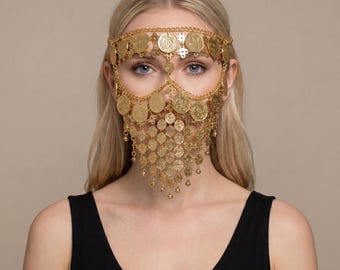 Boho Coin Chain Face Veil, Layered Festival Head Jewelry, Belly Dance Costume Accessory