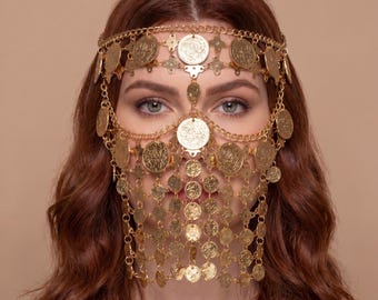 Boho Coin Veil Headpiece, Festival Belly Dance Chain Accessory