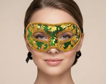 Venetian Lace Masquerade Mask, Gold Floral Eye Mask, Costume Ball Carnival Accessory