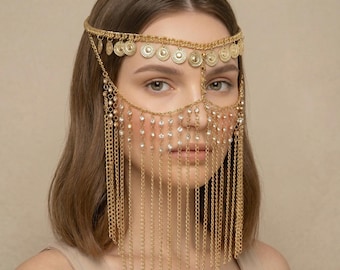 Gold Coin Headpiece, Rhinestone Face Veil, Boho Chain Jewelry, Statement Costume Accessory