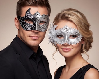 Couple Masquerade Masks Set, Elegant Venetian Pair, His Hers Party Accessories
