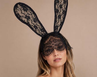 Black Lace Bunny Ears Headband, Playful Costume Accessory, Elegant Party Hairpiece