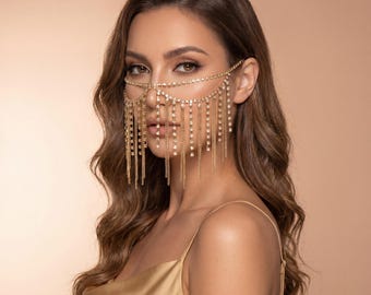 Rhinestone Face Chain Mask, Bridal Crystal Fringe Jewelry, Gold Silver Statement Accessory