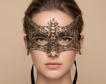 Black & Gold Venetian Masquerade Mask Elegant Lace Costume Mask for Party, Ball, and Halloween