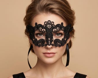 Black Lace Masquerade Mask, Venetian Eye Mask, Gothic Costume Accessory, Formal Event