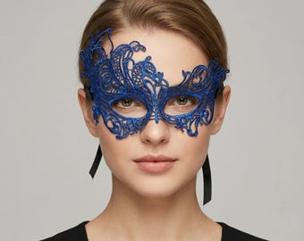 Máscara de encaje azul para mascarada, elegante estilo veneciano, máscara para ojos con detalles florales.