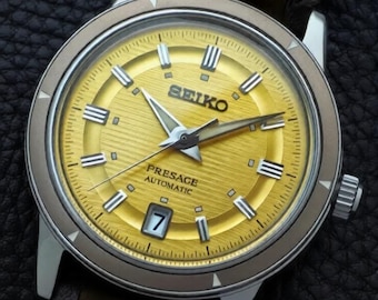 Vintage Seiko Presage Automatic Watch – Gold Dial Textured Face, Japan Made Luxury Men’s Dress Watch, Classic Leather Strap Timepiece