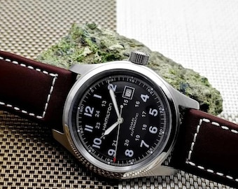 Reloj automático vintage Hamilton Khaki Field para hombre, fabricado en Suiza, mecánico, de cuerda automática, 42 mm, esfera negra, caja de acero inoxidable, regalo para un amante.