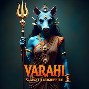 May include: A digital artwork depicting a blue-skinned figure with a boar's head, adorned with gold jewelry and holding a golden trident. The figure wears a traditional sari. The text "VARAHI" and "SOMNATH MUKHERJEE" are displayed in orange.