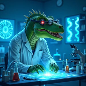 May include: A green dinosaur scientist wearing a white lab coat and black goggles with a glowing red lens. The dinosaur is positioned at a laboratory table with a glowing blue digital interface, surrounded by glass beakers and a microscope.