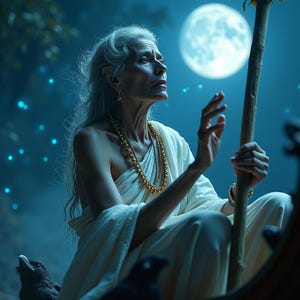 May include: An elderly person with long gray hair and a white garment sits outdoors, holding a wooden staff. A gold necklace and bracelet are visible. The background features a full moon, blue lights, and two black birds.