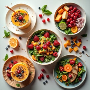 Può includere: Vista dall'alto di un pasto sano con colori vivaci. L'immagine presenta due frullati con cannucce e diverse ciotole di insalate con lamponi, mirtilli e mango a cubetti. Frutta fresca ed erbe sono sparse intorno ai piatti.