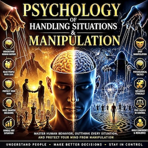 May include: A book cover titled PSYCHOLOGY OF HANDLING SITUATIONS & MANIPULATION featuring a split-tone human head with a brain, chess pieces, silhouettes of people, and icons labeled with text like UNDERSTAND HUMAN NATURE and SPOT MANIPULATION.