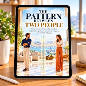 May include: A tablet displaying a book cover titled The Pattern Between Two People, featuring a man in a blue shirt and a woman in a white top standing on opposite sides of a glass partition with a coastal city background and an infinity symbol.