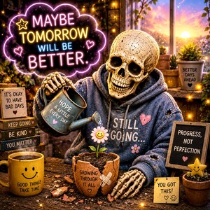 May include: A skeleton wearing a blue hoodie with the text STILL GOING, watering a flower in a cracked pot. A neon sign reads MAYBE TOMORROW WILL BE BETTER. Nearby are signs with text including IT'S OKAY TO HAVE BAD DAYS and PROGRESS, NOT PERFECTION.