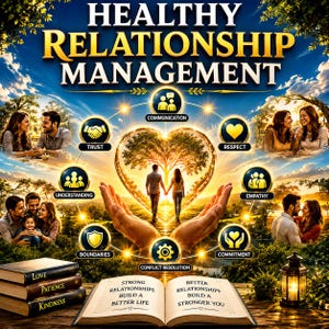 May include: A digital graphic titled HEALTHY RELATIONSHIP MANAGEMENT featuring a central heart-shaped tree, two hands, and eight circular icons labeled Communication, Trust, Respect, Understanding, Empathy, Boundaries, Commitment, and Conflict Resolution.