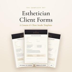 May include: A set of six esthetician client forms and consent templates featuring black and cream text on white paper. The documents include fields for client details, skin health history, and aftercare instructions, with labels for editable in Canva.