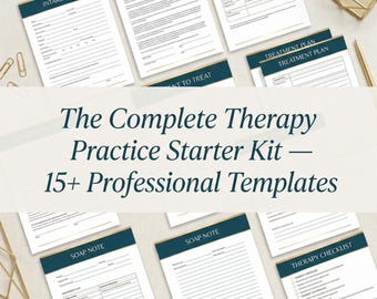 Può includere: Una raccolta di modelli di terapia professionali, tra cui moduli di ammissione, moduli di consenso, piani di trattamento e note SOAP. Il testo "The Complete Therapy Practice Starter Kit - 15+ Professional Templates" è visualizzato.