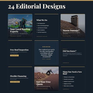May include: A collection of 24 editorial designs for roofing services displayed in a grid layout. The graphics feature dark blue backgrounds with gold accents, showcasing text about roof replacement, storm damage, inspections, and financing options.