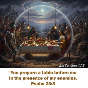 Puede incluir: Una representación artística de una escena bíblica. Una mesa llena de comida está dispuesta frente a una figura central, rodeada de otros y figuras con espadas. El texto "Preparas una mesa delante de mí en presencia de mis enemigos. Salmo 23:5" está en la parte inferior.