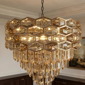 Crystal Chandelier Modern Luxury Lighting – Gold Hexagon Prism Hanging Lamp, Elegant Dining Room Ceiling Light, Glam Home Decor Fixture