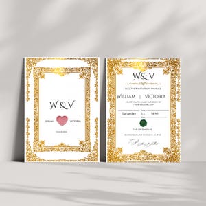 編集可能な結婚式招待状テンプレート Canva | QRコード付き豪華でヴィンテージ感のあるエレガントな招待状 | デジタルダウンロード