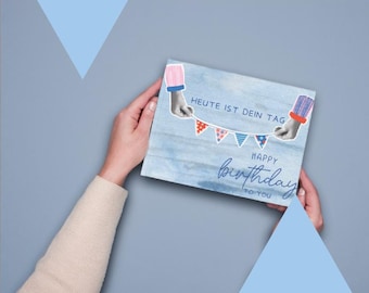 Birthday Card Template | Printable Birthday Card | DIY Print Card | Modern Blue Card | "Heute ist dein Tag" | Instant Download