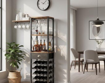 Botellero industrial vintage, con capacidad para 20 botellas y soporte para copas.