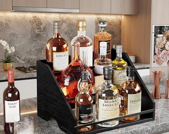 Botellero de encimera de 3 niveles, estante expositor de licores en color negro carbón, soporte organizador para minibar.