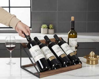 Botellero de hierro y madera, soporte inclinado para botellas de vino tinto, almacenamiento moderno para encimera.