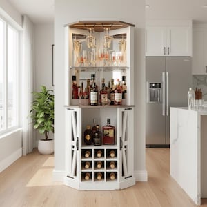 Tall Corner Bar Cabinet with LED Lights, Mirror, Adjustable Shelves, Farmhouse Wine Liquor Storage