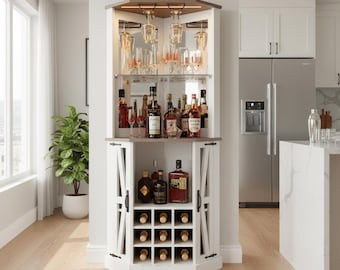 Mueble bar esquinero alto con luces LED, espejo, estantes ajustables, ideal para guardar vinos y licores al estilo rústico.