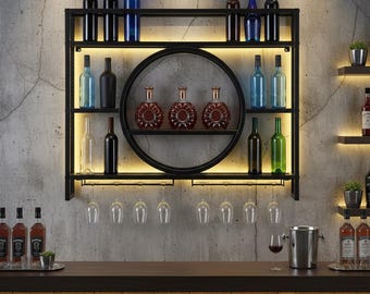 Botellero industrial de metal, estante flotante de 3 niveles para bar con luces LED, soporte para copas
