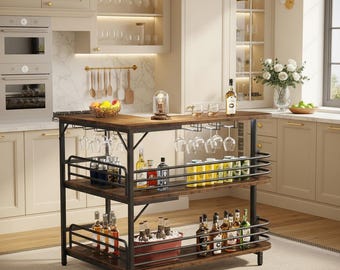 Mueble bar doméstico en forma de L, estantes de almacenamiento de estilo rústico industrial, soporte para copas de vino.
