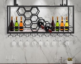 Estante de pared de hierro para botellas de licor, botellero de panal con soporte para copas