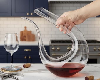 Decantador de vino de cristal hecho a mano, 1500 ml, copa en forma de U con aireador.