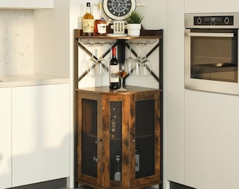 Vitrina esquinera industrial para vinos con cristal, botellero metálico, mueble retro para bar en casa.