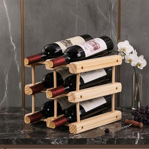 Stackable Pine Wood Wine Rack, Modular 6-Bottle Standing Wine Holder for Kitchen, Bar, Countertop, DIY Storage Organizer