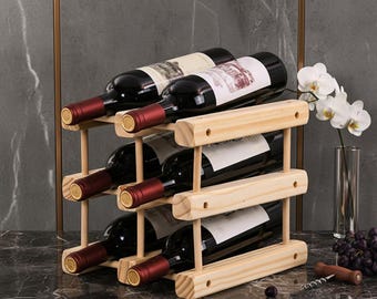 Botellero apilable de madera de pino, modular, independiente, con capacidad para 6 botellas.