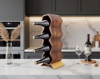 Botellero de madera de acacia, soporte de encimera para 7 botellas, organizador moderno y natural.