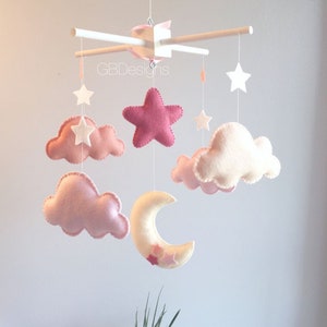 Baby mobile - cloud mobile - girl nursery - blush nursery - moon clouds mobile - Pink and blush mobile