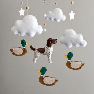Custom Felt Dog and Duck Hunting Baby Mobile, Hunting Dog Nursery Decor, German shorthair pointer nursery mobile