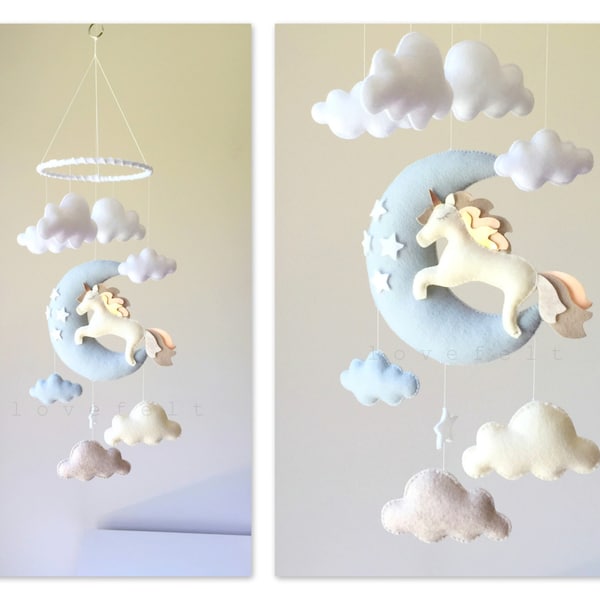 Baby mobile  - unicorn mobile - baby mobile unicorn - moon mobile - moon clouds mobile - baby mobile clouds