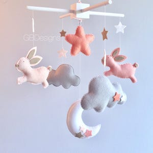 Baby mobile - cloud mobile - moon clouds mobile - blush and gray mobile - bunny mobile - rabbit mobile