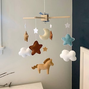 baby crib mobile horses, horse baby mobile, horse nursery, nursery decor farm, western nursery, stars and moon baby mobile, nursery horse