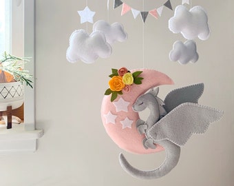 Dragon baby mobile, baby mobile dragon, dragon nursery, fairytale nursery, baby decor, baby girl decor, pink and gray nursery, newborn gift